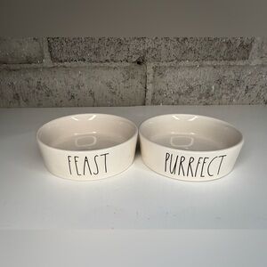 Rae Dunn FEAST & PURRfect Cat Bowl Set Cream Ceramic Kitty Dishes